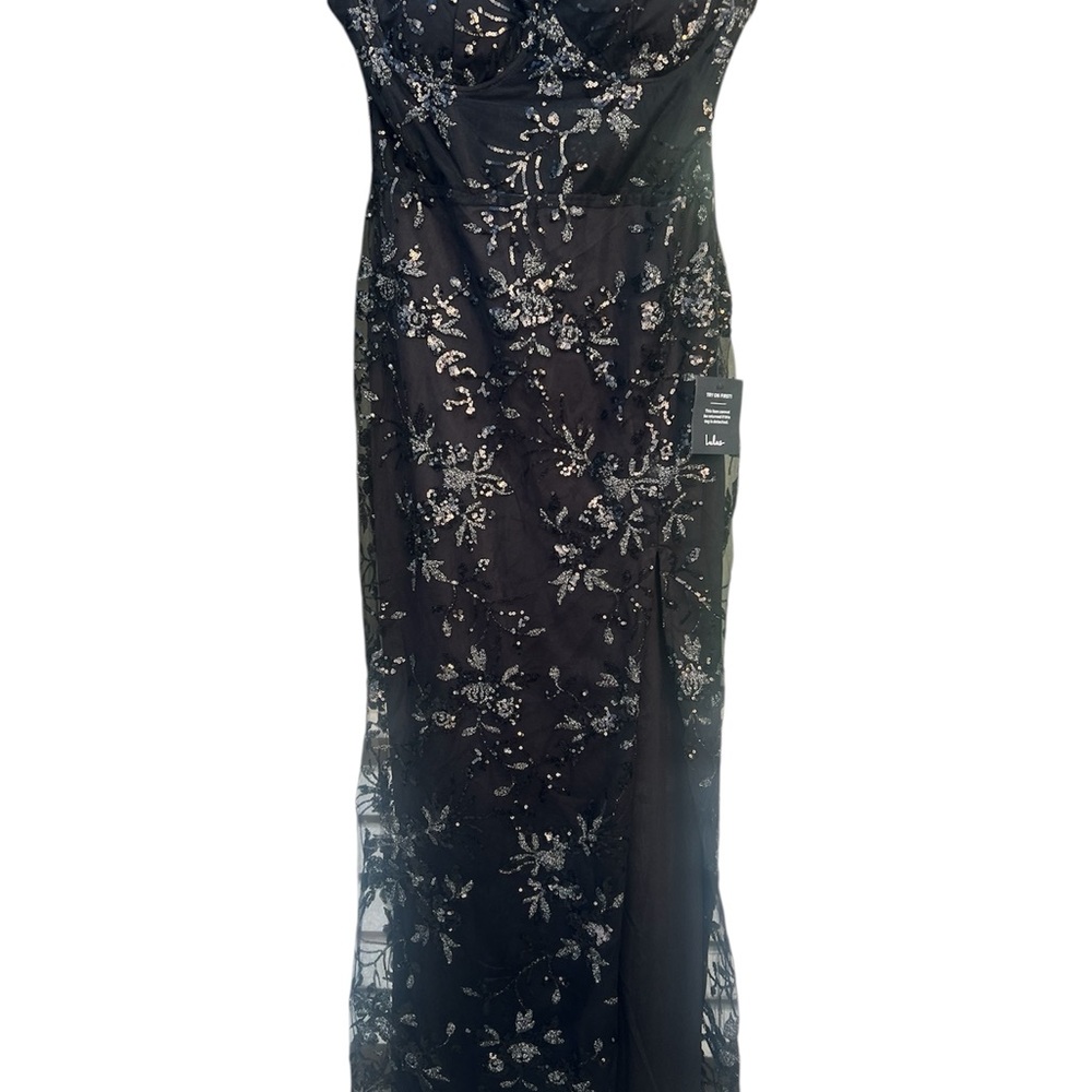 Lulu's Black Strapless Floral Lace Gown with Thigh Slit - Picture 4 of 7